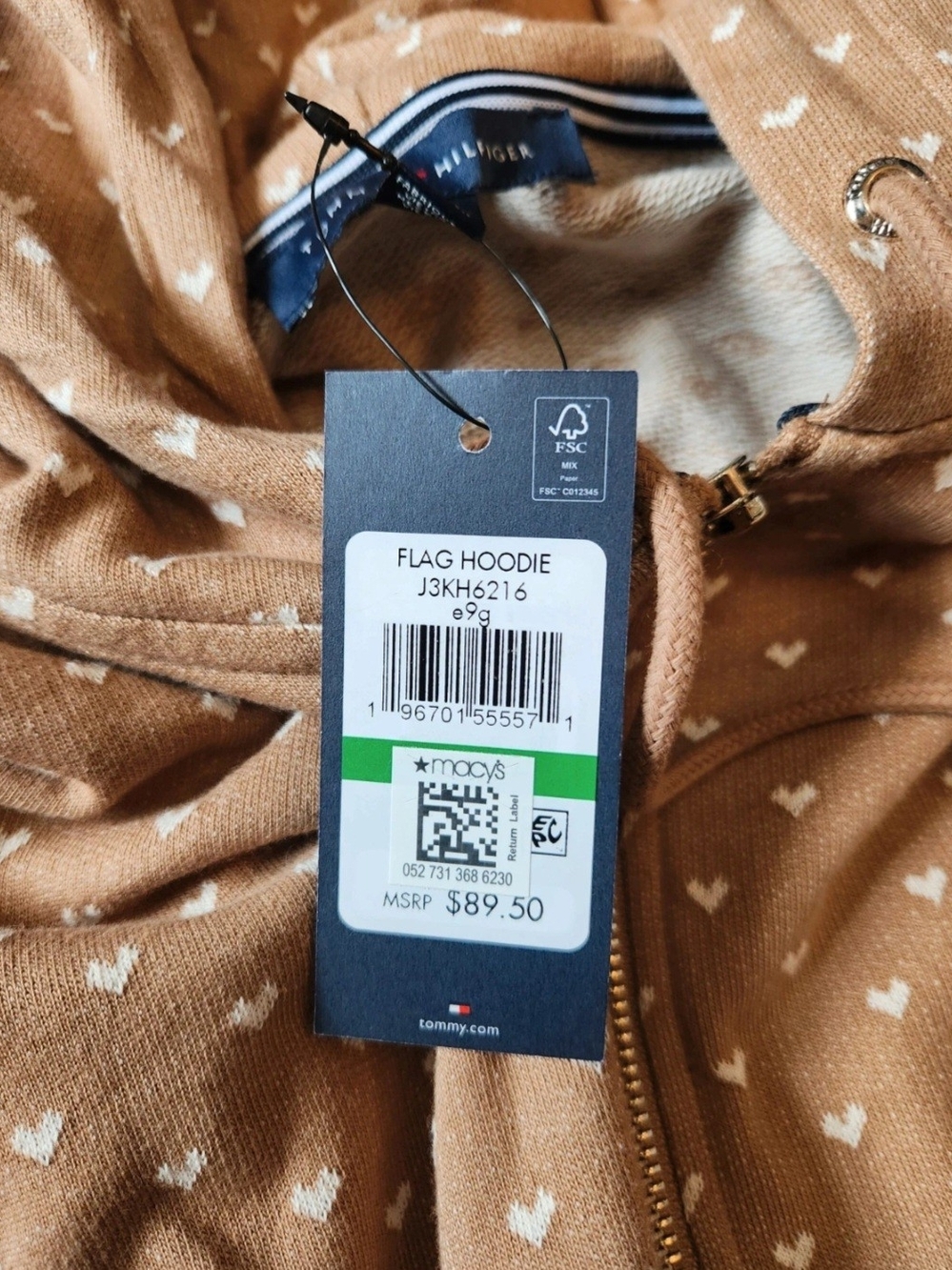 Tommy Hilfiger 100% Cotton Zip-up Tan Hoodie with Tiny White Heart Print - Picture 11 of 16
